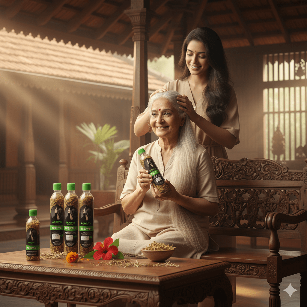 old grandma using agarva hair oil